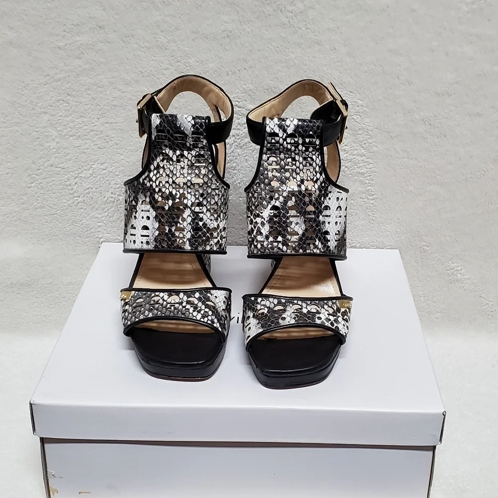 CALVIN Klein Vallin Black White Snakeskin Laser Strap Platform Block Heel Sandal